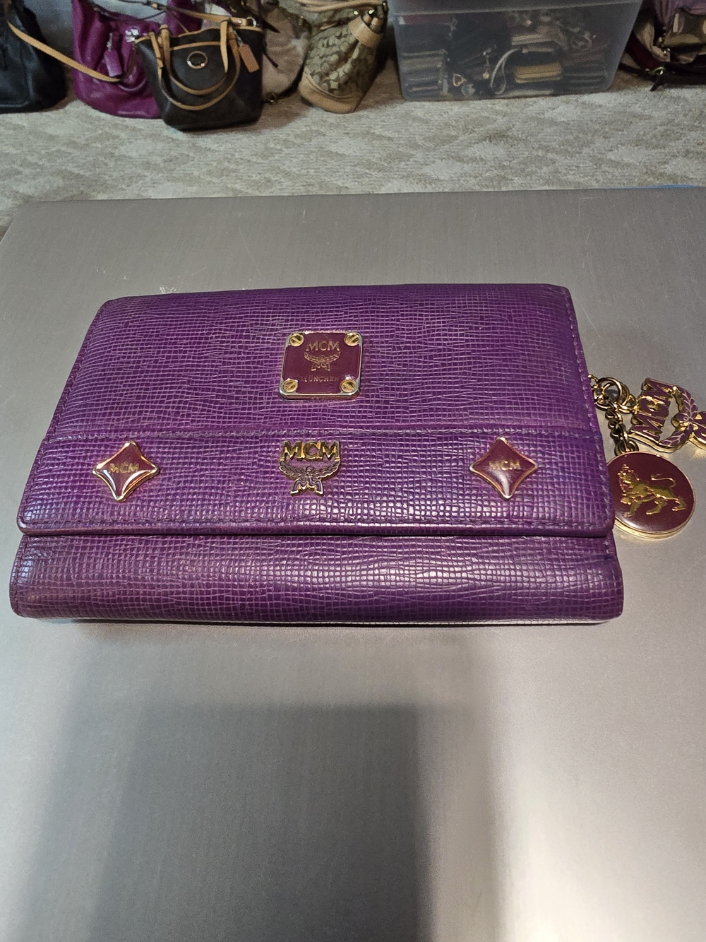 MCM EUC Purple Leather Logo Trifold Wallet with Gold Hardware & 2 MCM Charms 5.5 - Picture 2 of 11